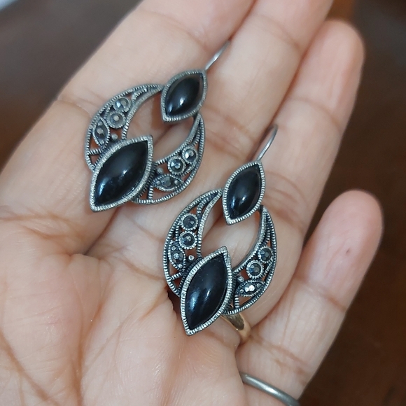 Vintage Jewelry - Vintage Victorian Gothic Open French Wire Drop Earrings Marcasite Faux Stone